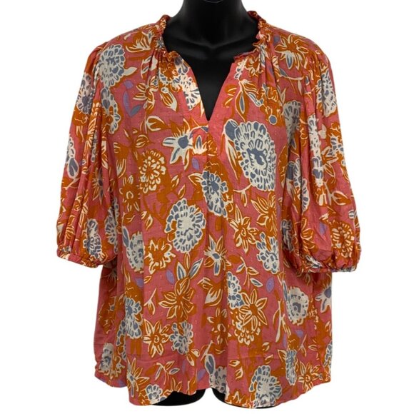 Rachel Zoe Womens Top Blouse Size Large Floral Ruffle Orange V-Neck New - Picture 1 of 10